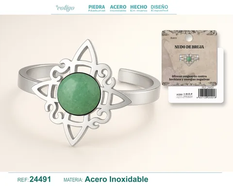 ANILLO NUDO DE BRUJA ACERO PLATEADO CON AVENTURINA VERDE