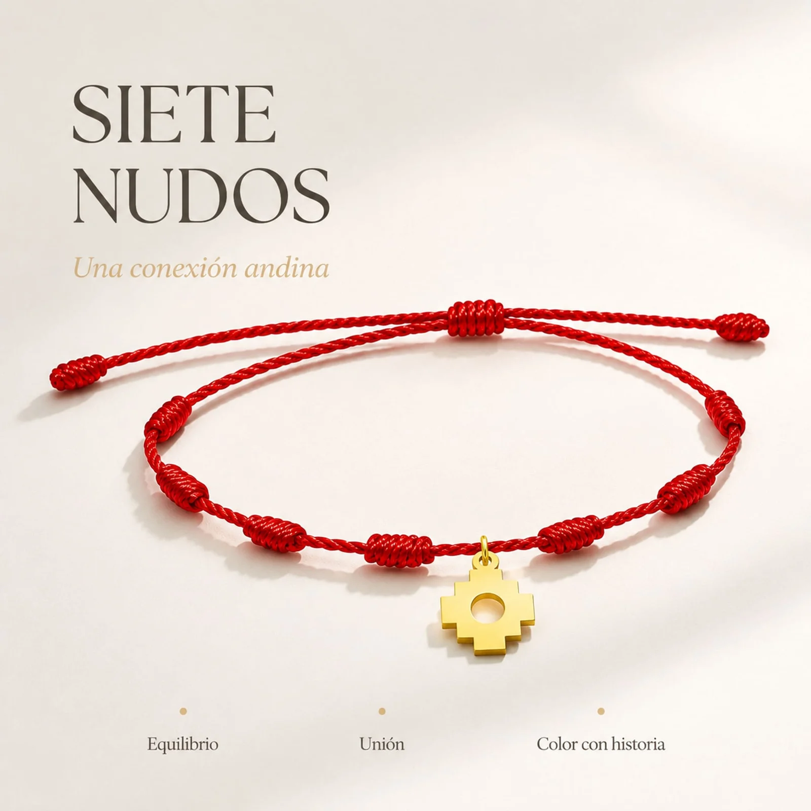 PULSERA 7 NUDOS CON CRUZ CHACANA COLOR DORADO