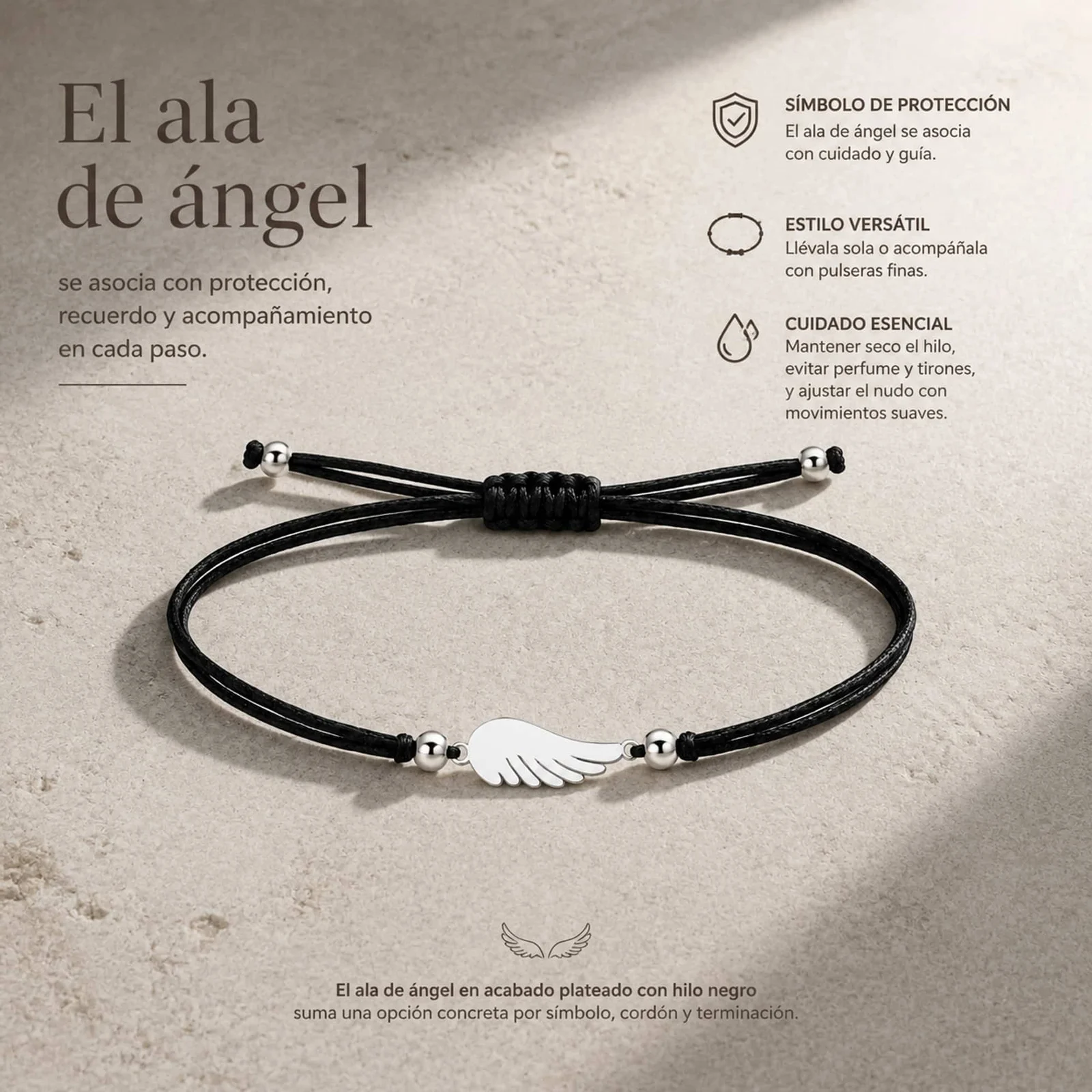 PULSERA ALA DE ÁNGEL PLATEADO DE HILO EN.NEGRO