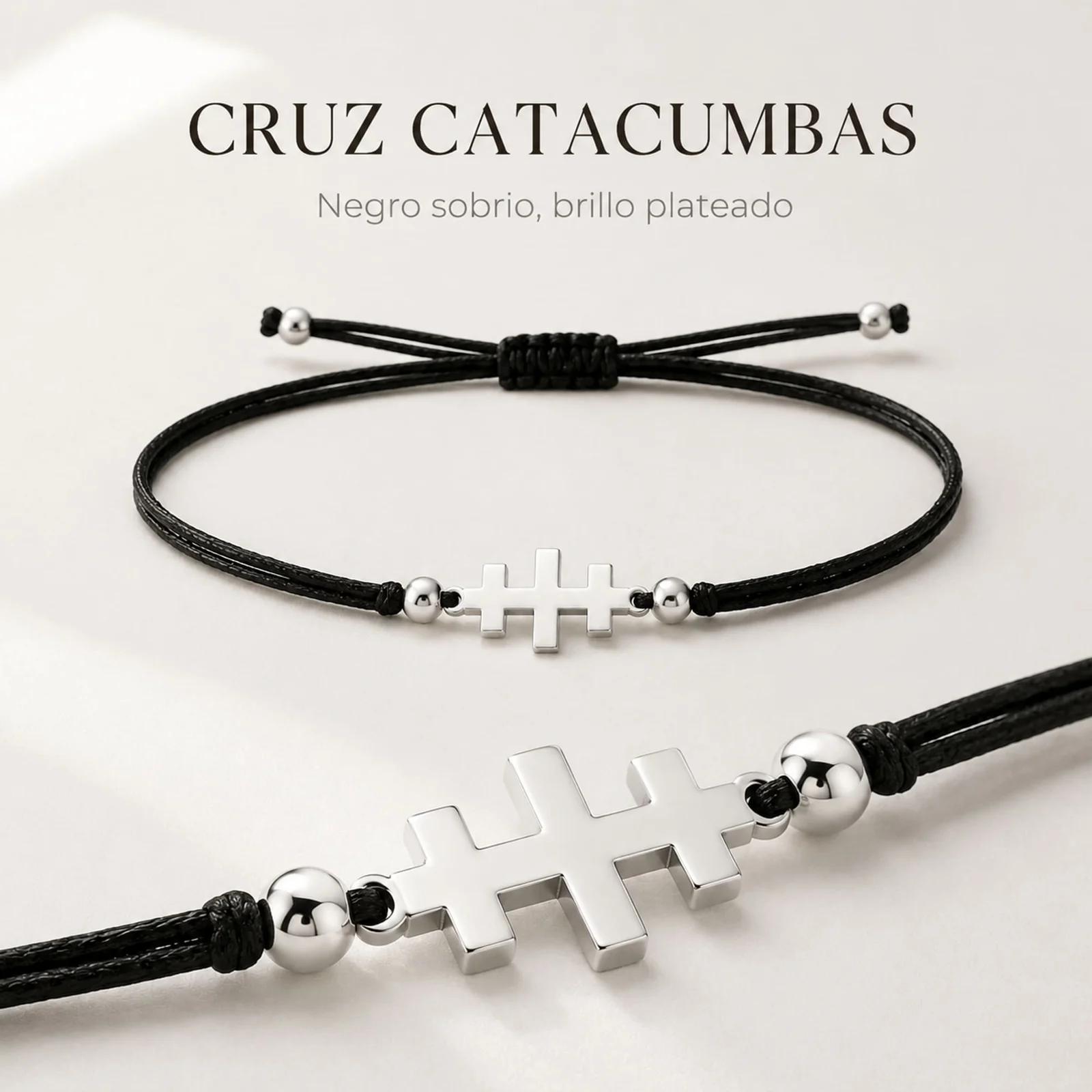 PULSERA CRUZ CATACUMBAS PLATEADO DE HILO EN.NEGRO
