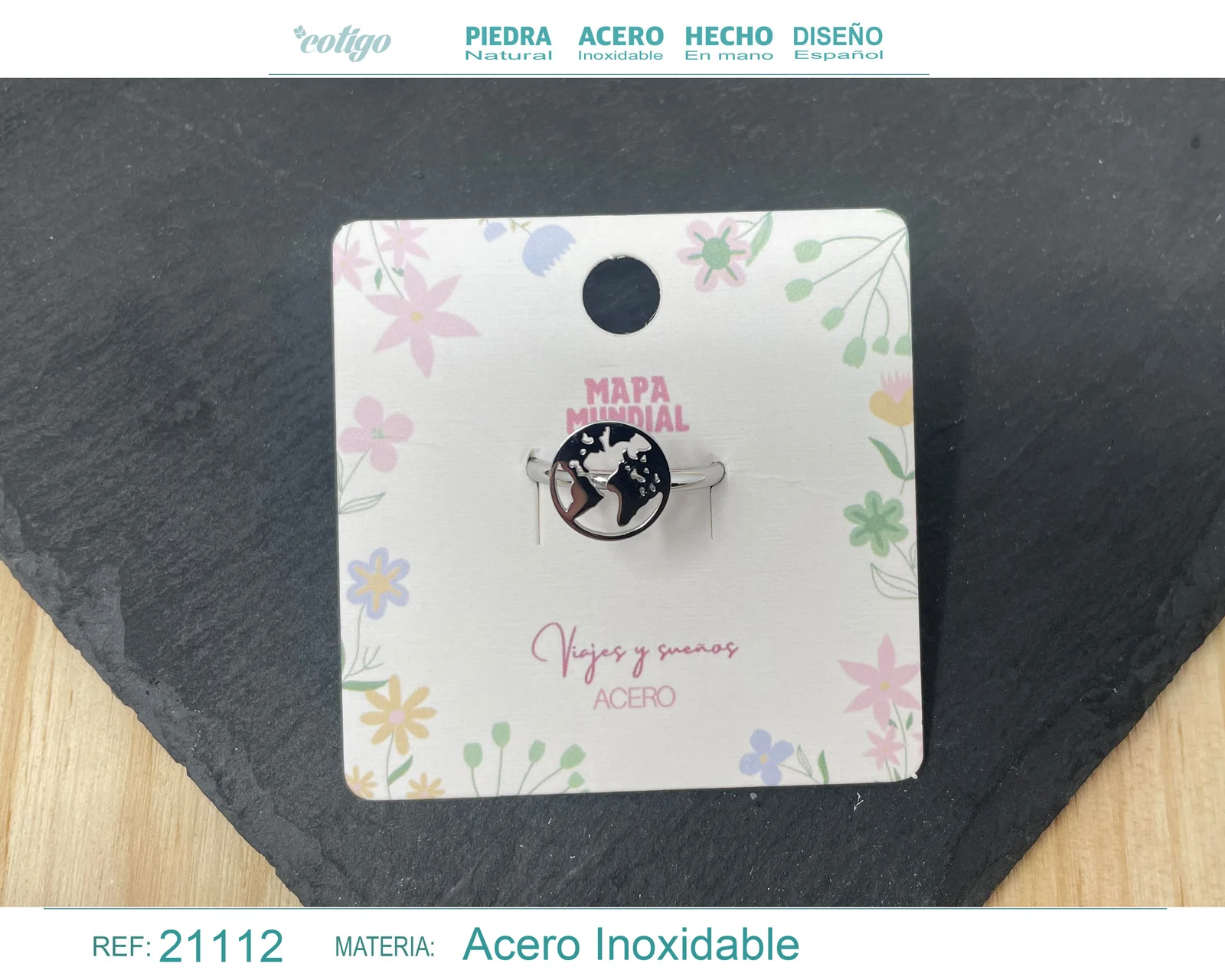 ANILLO MAPA MUNDIAL ACERO COLOR PLATEADO