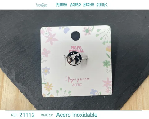 ANILLO MAPA MUNDIAL ACERO COLOR PLATEADO
