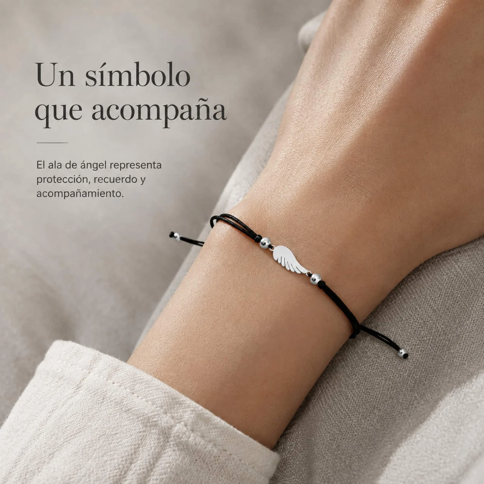 PULSERA ALA DE ÁNGEL PLATEADO DE HILO EN.NEGRO