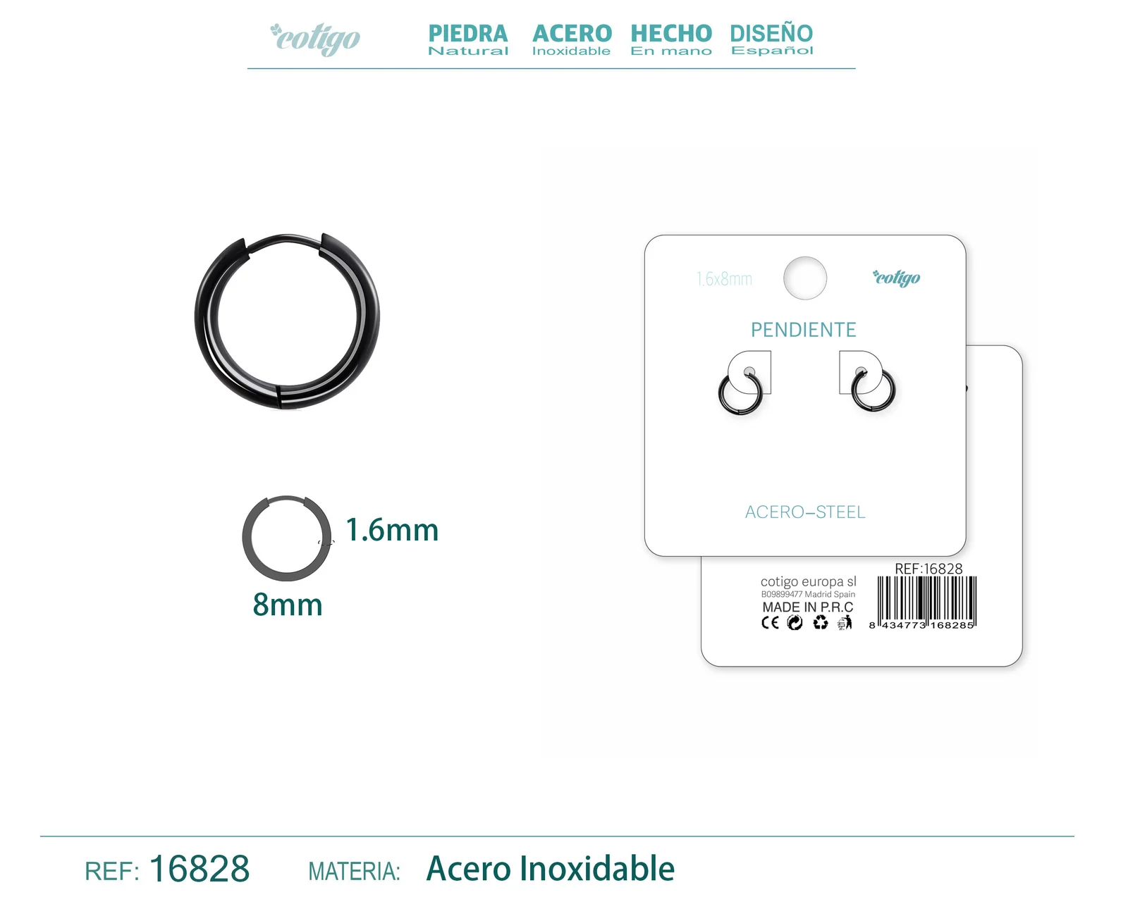 PENDIENTE ARO ACERO 1.6X8 MM NEGRO