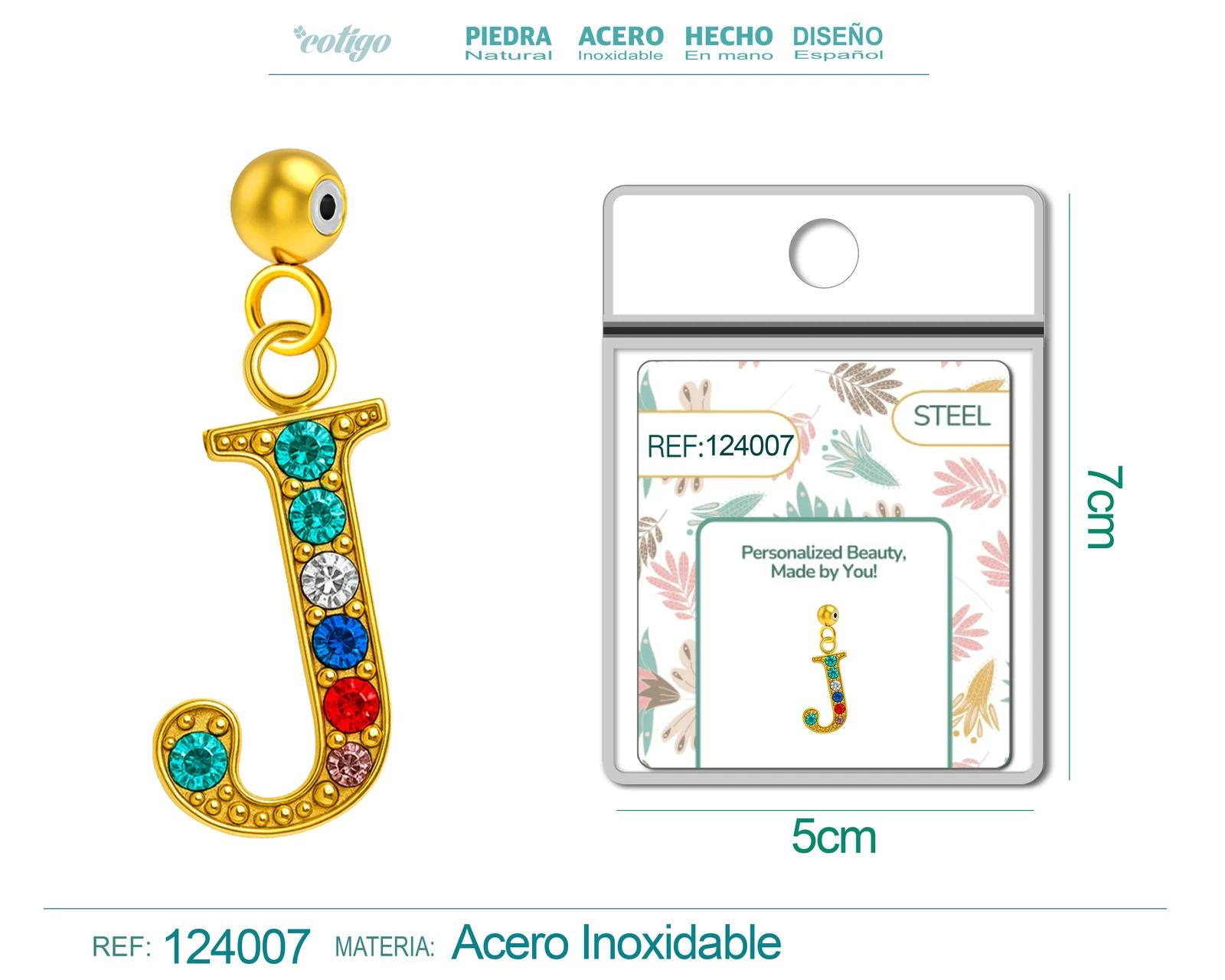 CHARM DE LETRA J ACERO COLOR DORADO CON CIRCONITA-CON BOLA DE GOMA