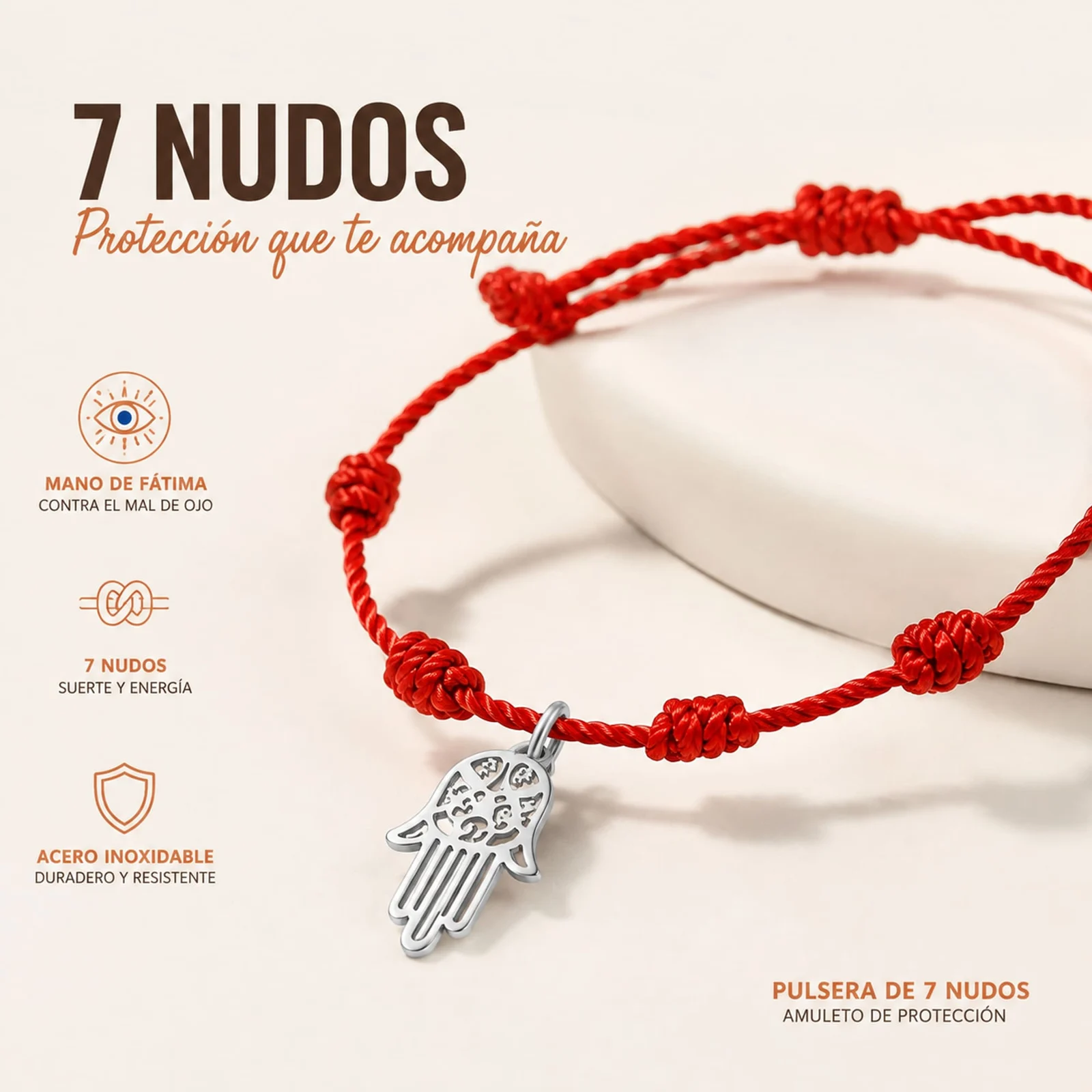 PULSERA 7 NUDOS CON MANO DE FÁTIMA ACERO PLATEADO