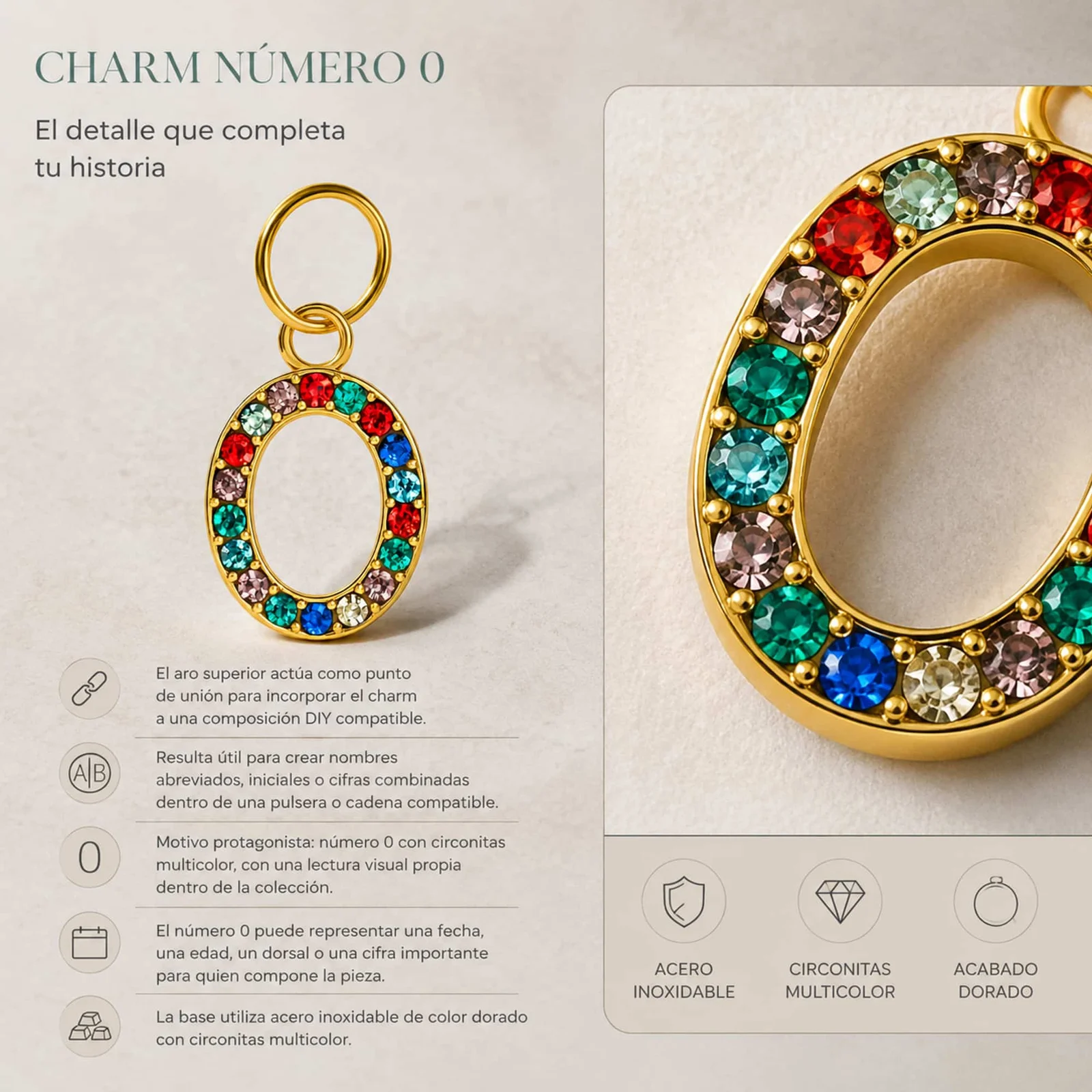 CHARM DE NÚMERO 0 ACERO COLOR DORADO CON CIRCONITA