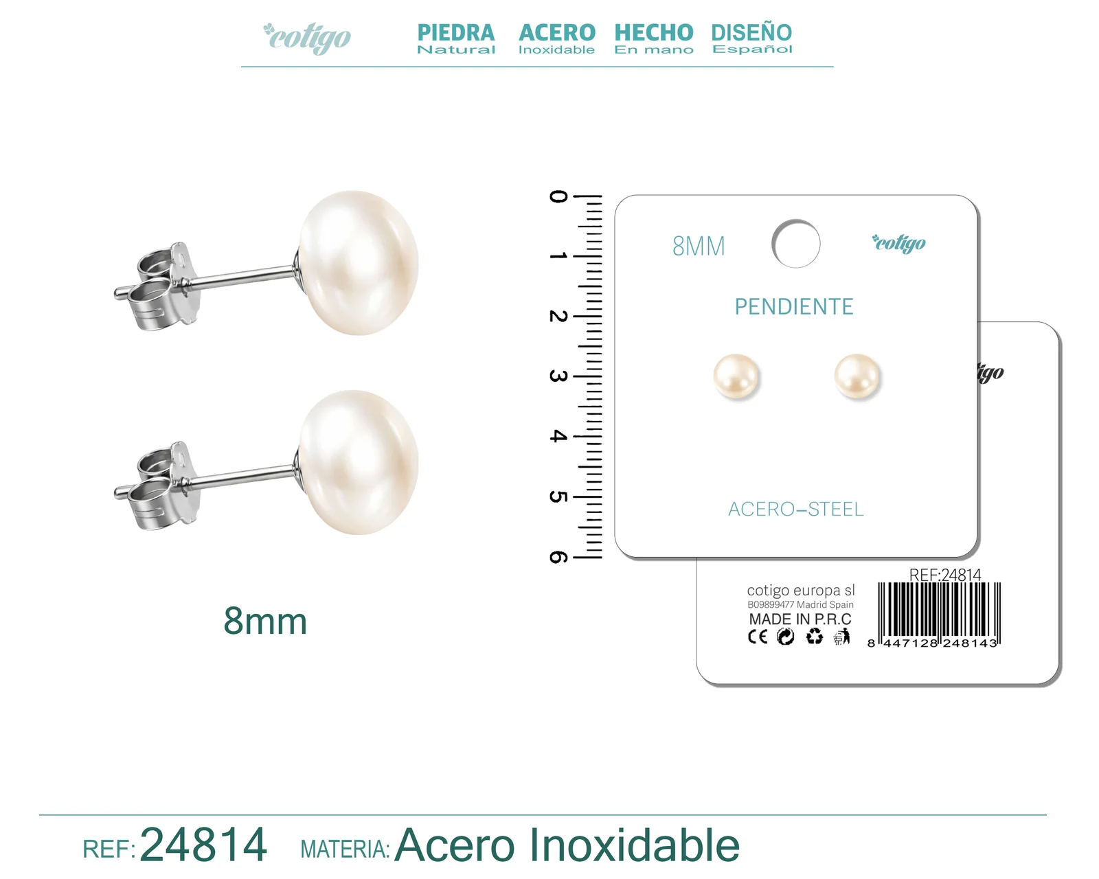 PENDIENTE DE PERLA OVLADA  8MM CON ACCESORIO ACERO