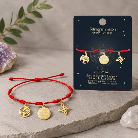 PULSERA 7 NUDOS CON TETRAGRÁMATON  NUDO DE BRUJA Y ÁRBOL DE LA VIDA ACERO DORADO