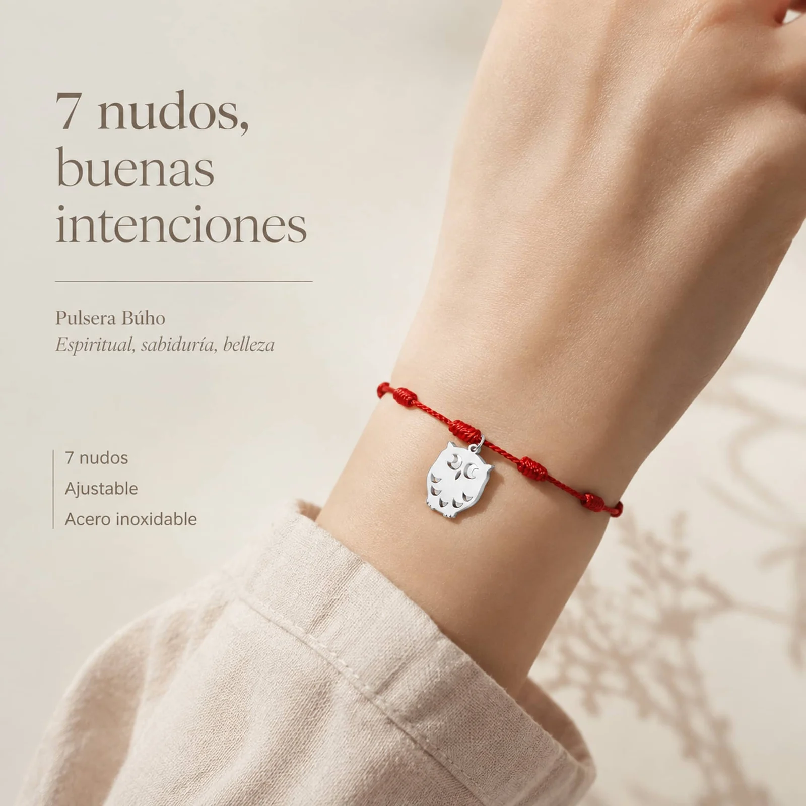 PULSERA 7 NUDOS CON BÚHO COLOR PLATEADO