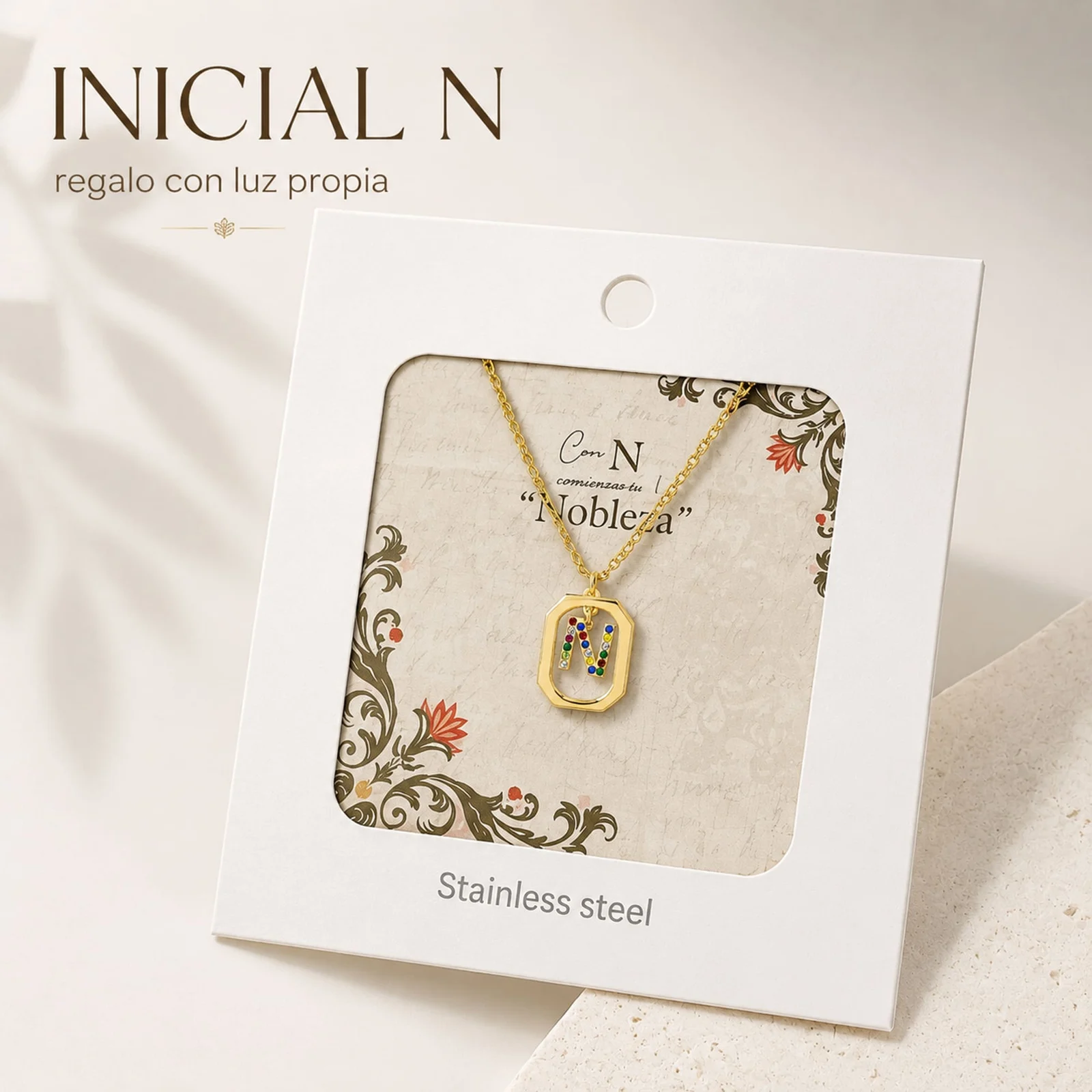 COLLAR INICIAL LETRA N ACERO CON SOBRE