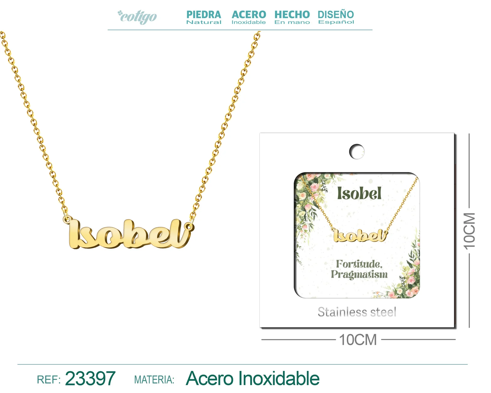 COLLAR NOMBRE INGLES ISOBEL ACERO CON SOBRE