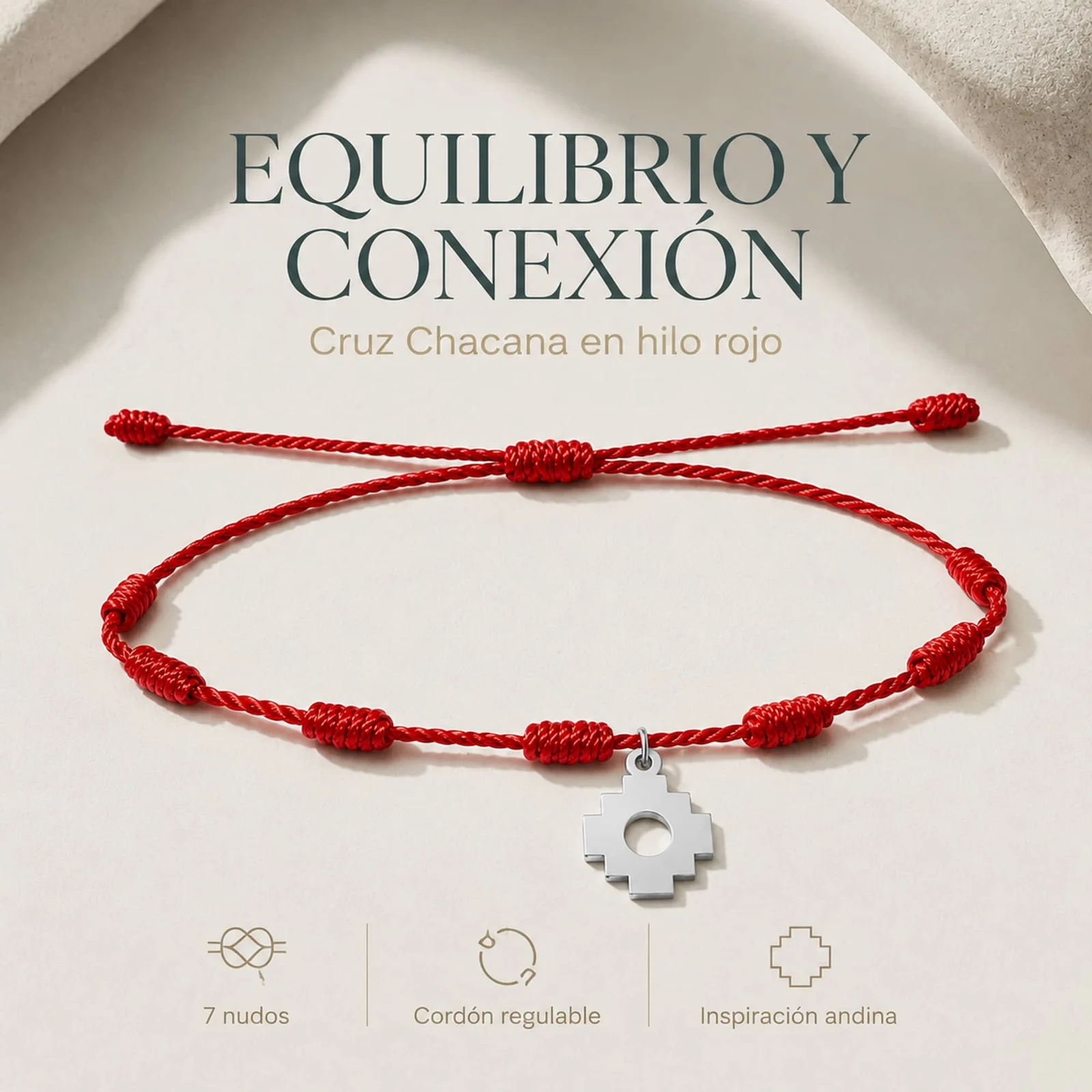 PULSERA 7 NUDOS CON CRUZ CHACANA COLOR PLATEADO