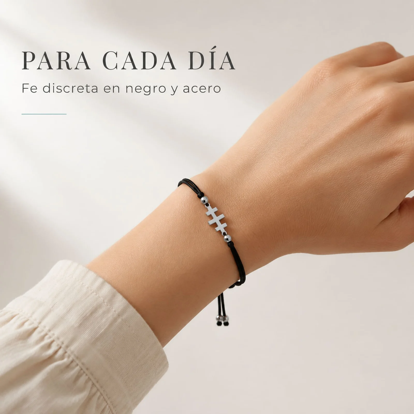 PULSERA CRUZ CATACUMBAS PLATEADO DE HILO EN.NEGRO