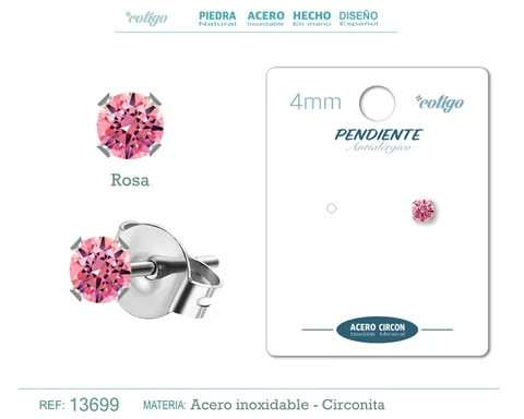 PENDIENTE CIRCONITA REDONDO-ROSA-4MM-BASE ACERO PLATEADO