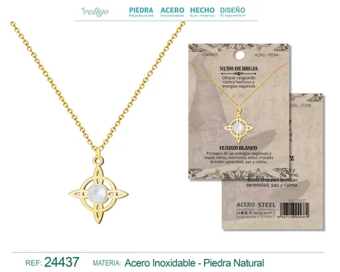 COLGANTE NUDO DE BRUJA ACERO DORADO CON CUARZO BLANCO