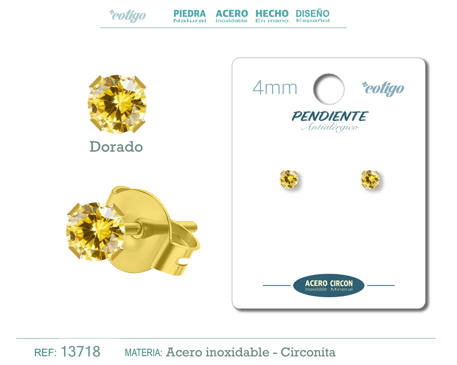PENDIENTE CIRCONITA REDONDO-DORADO-4MM-BASE ACERO DORADO