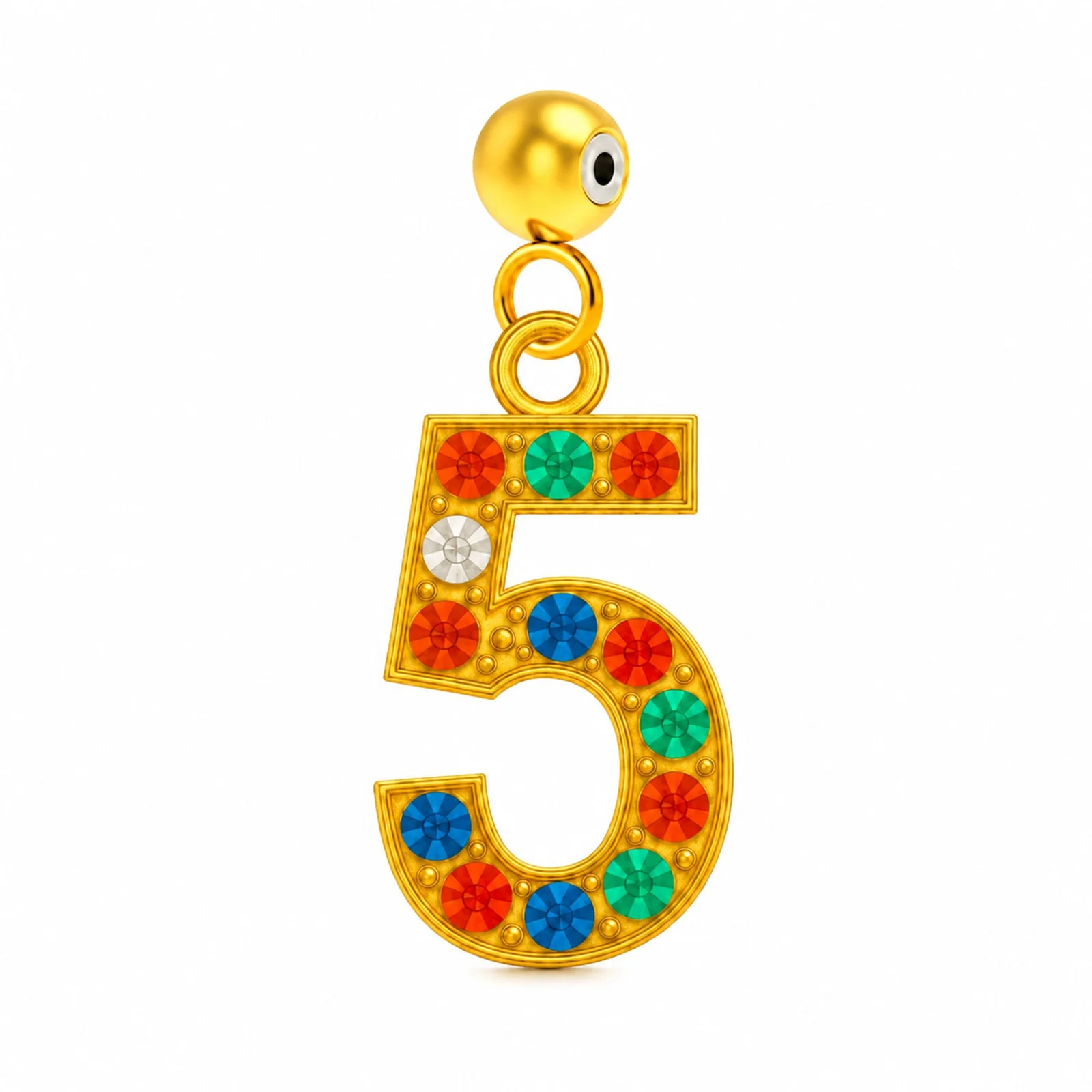 CHARM DE NÚMERO 5 ACERO COLOR DORADO CON CIRCONITA-CON BOLA DE GOMA