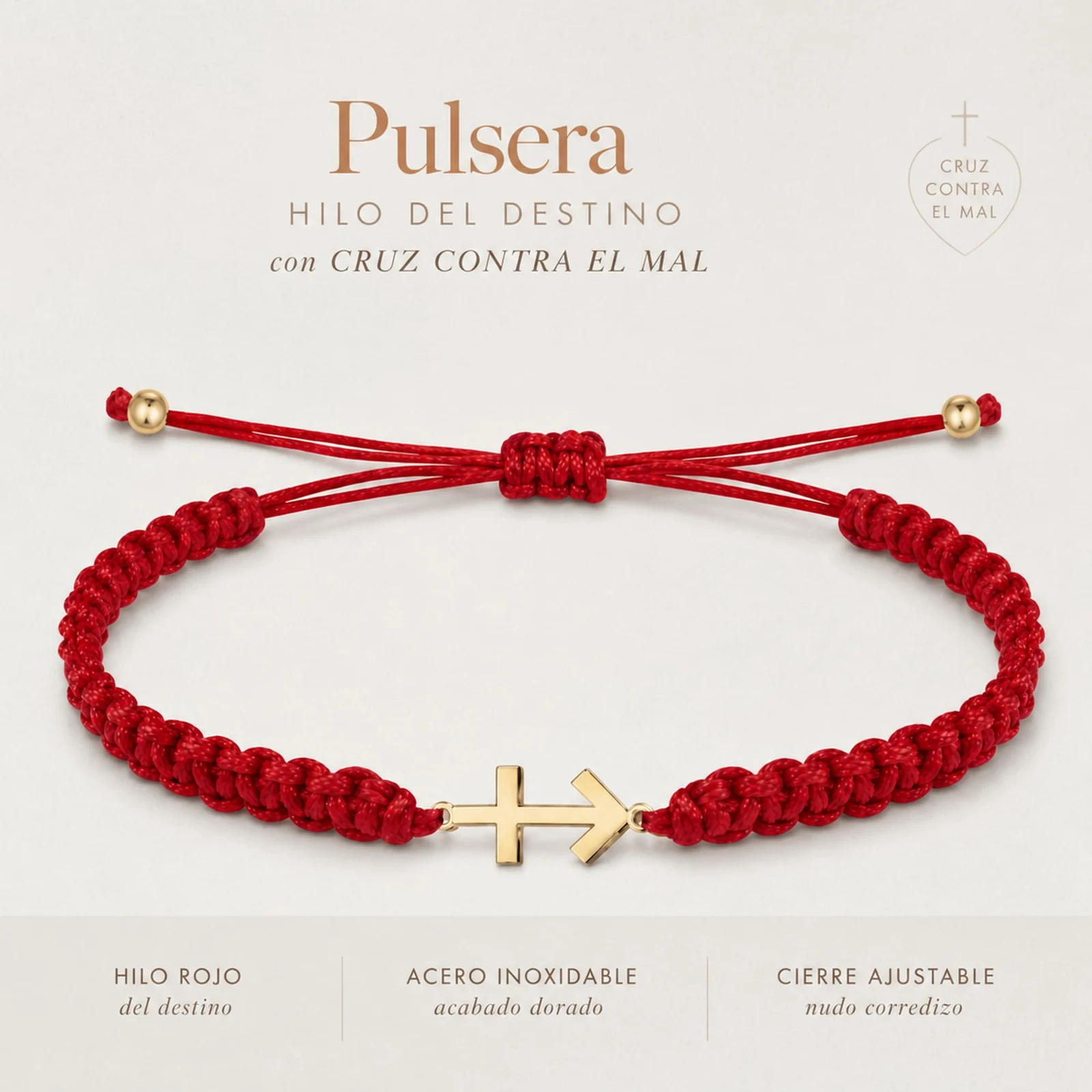 PULSERA HILO DESTINO  CON CRUZ CONTRA EL MAL ACERO DORADO