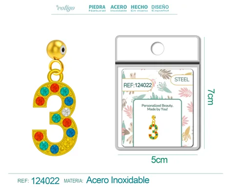CHARM DE NÚMERO 3 ACERO COLOR DORADO CON CIRCONITA-CON BOLA DE GOMA