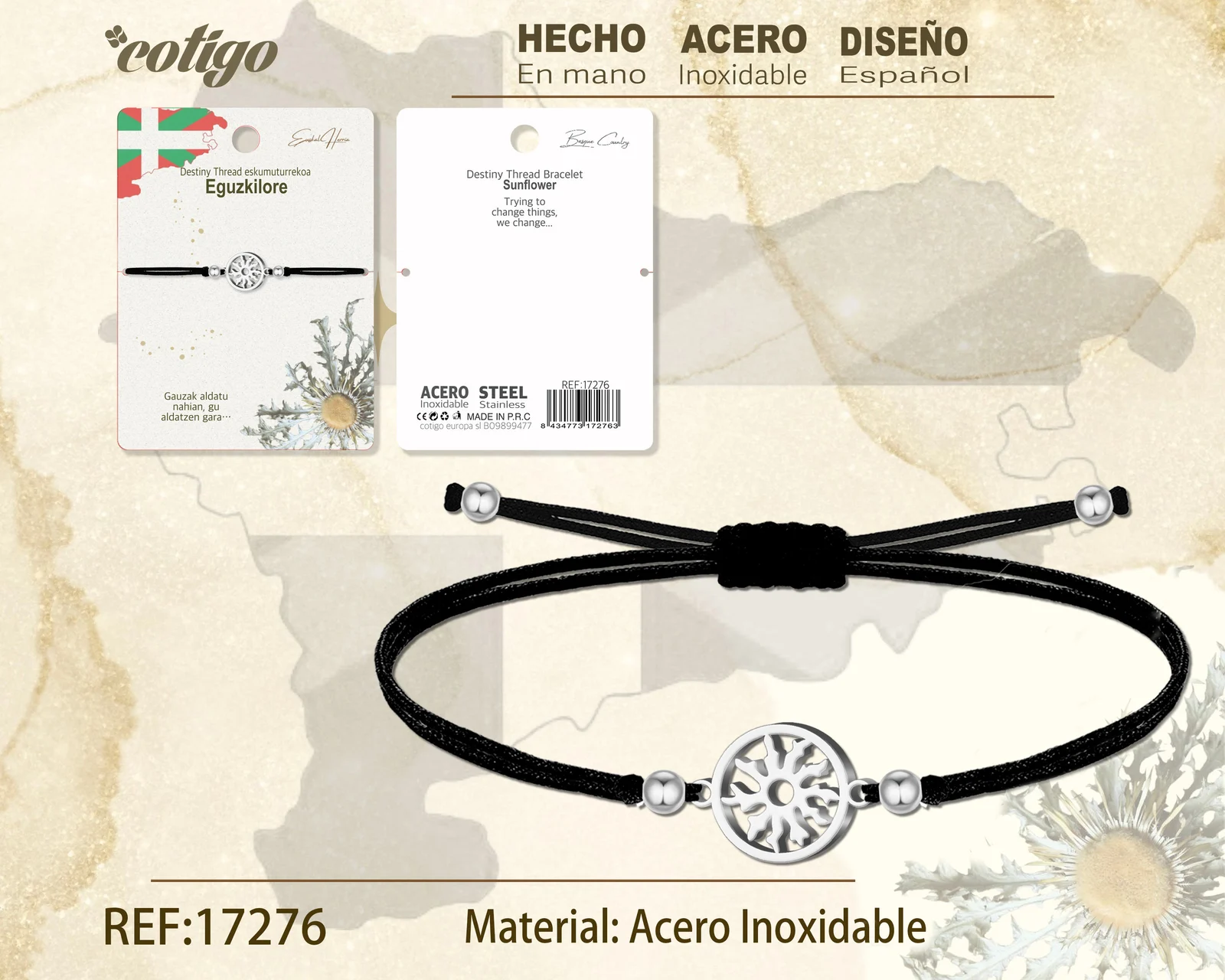 PULSERA HILO ENCERADO -EGUZKILORE-PLATEADO