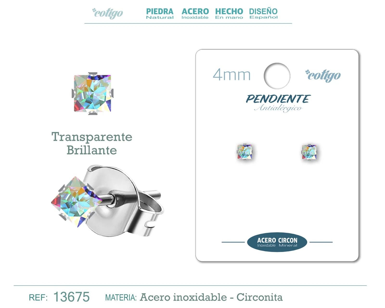 PENDIENTE CIRCONITA CUADRADO-TRANSPARENTE BRILLANTE-4MM-BASE ACERO PLATEADO