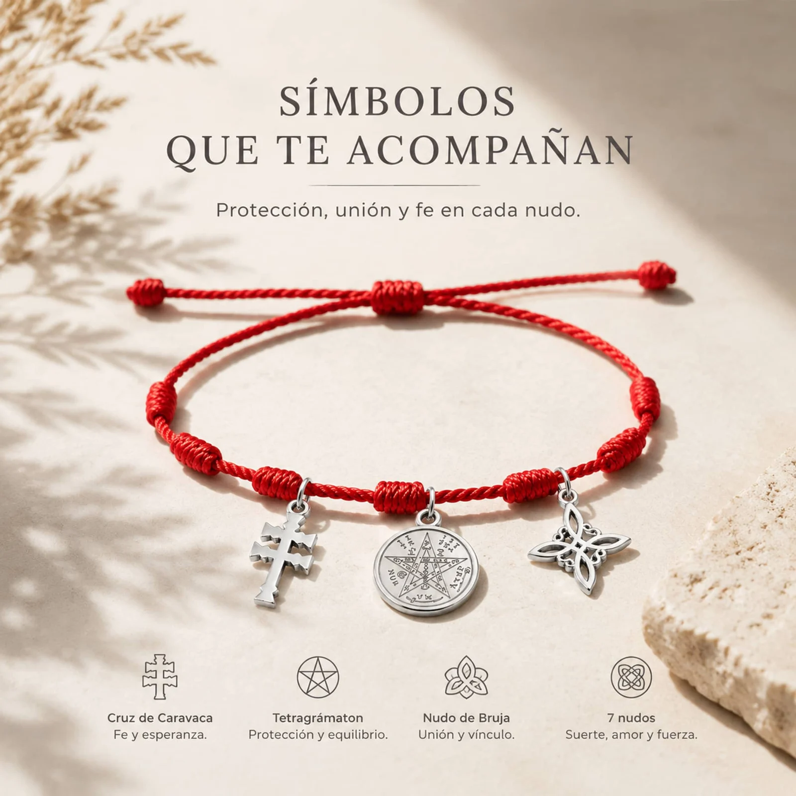 PULSERA 7 NUDOS CON TETRAGRÁMATON  NUDO DE BRUJA Y CRUZ CARAVACA ACERO PLATEADO