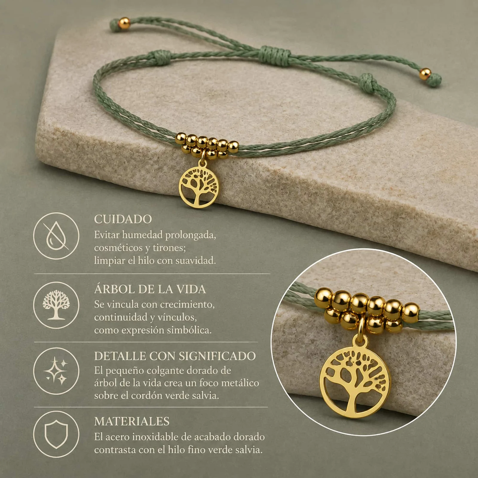 PULSERA HILO ENCERADO CON COLGANTE ÁRBOL DE VIDA ACERO DORADO