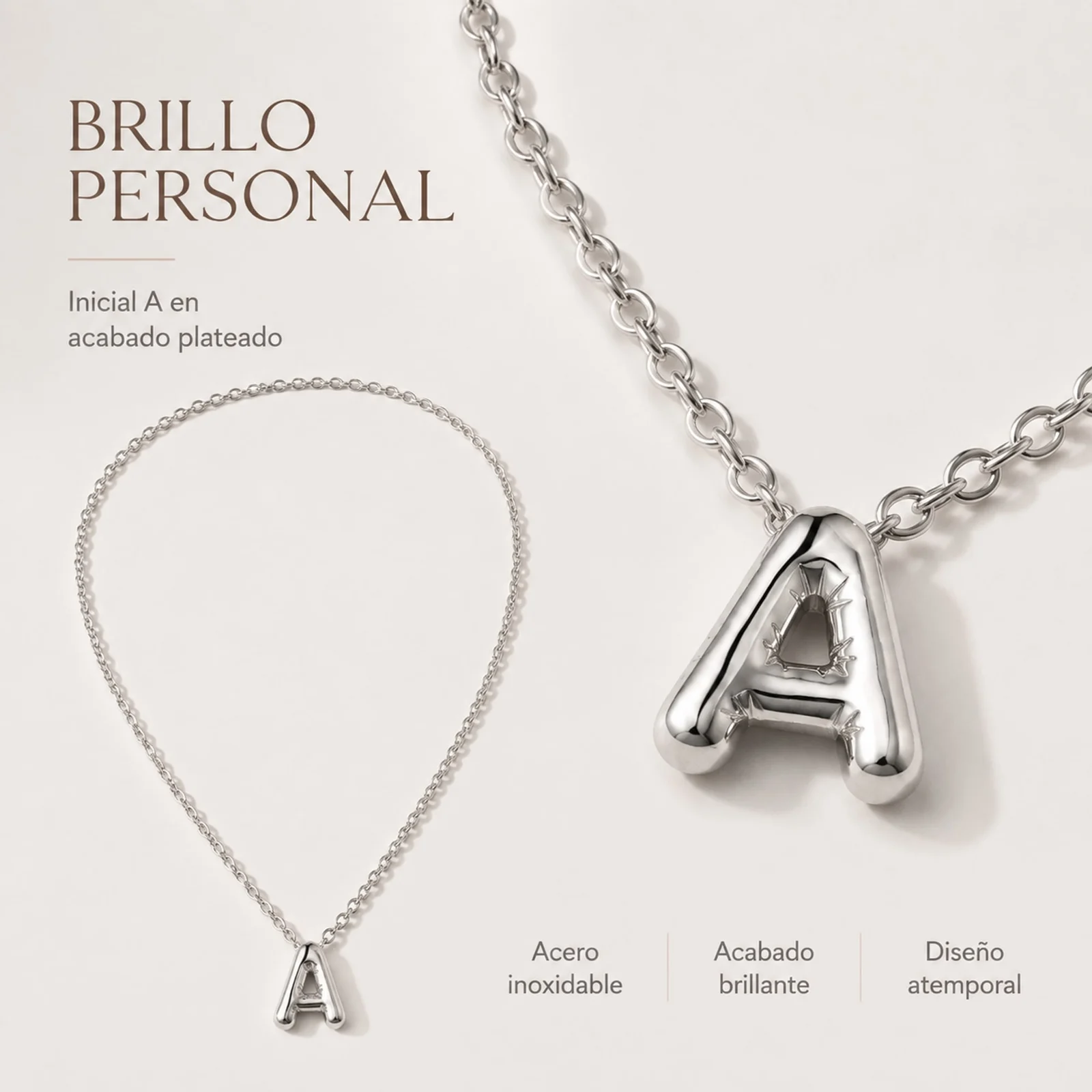 COLLAR INICIAL LETRA A ACERO CON SOBRE