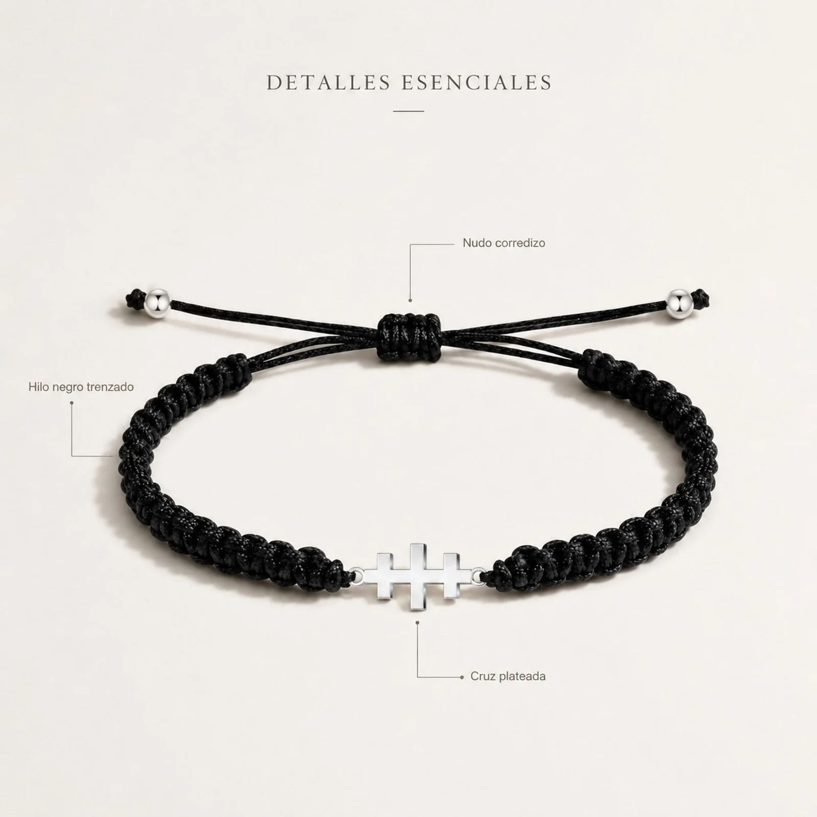 PULSERA HILO DESTINO  CON CRUZ CATACUMBAS ACERO PLATEADO
