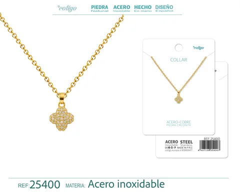 Colgangte Cobre con Circonita Colar Dorado y Cadena Acero