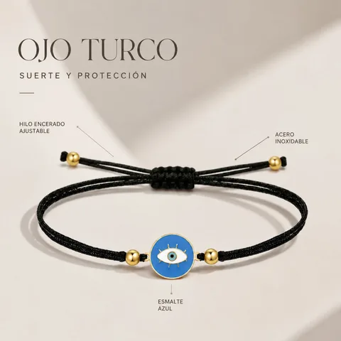 Pulsera Hilo encerado Negro CON OJO TURCO Dorado
