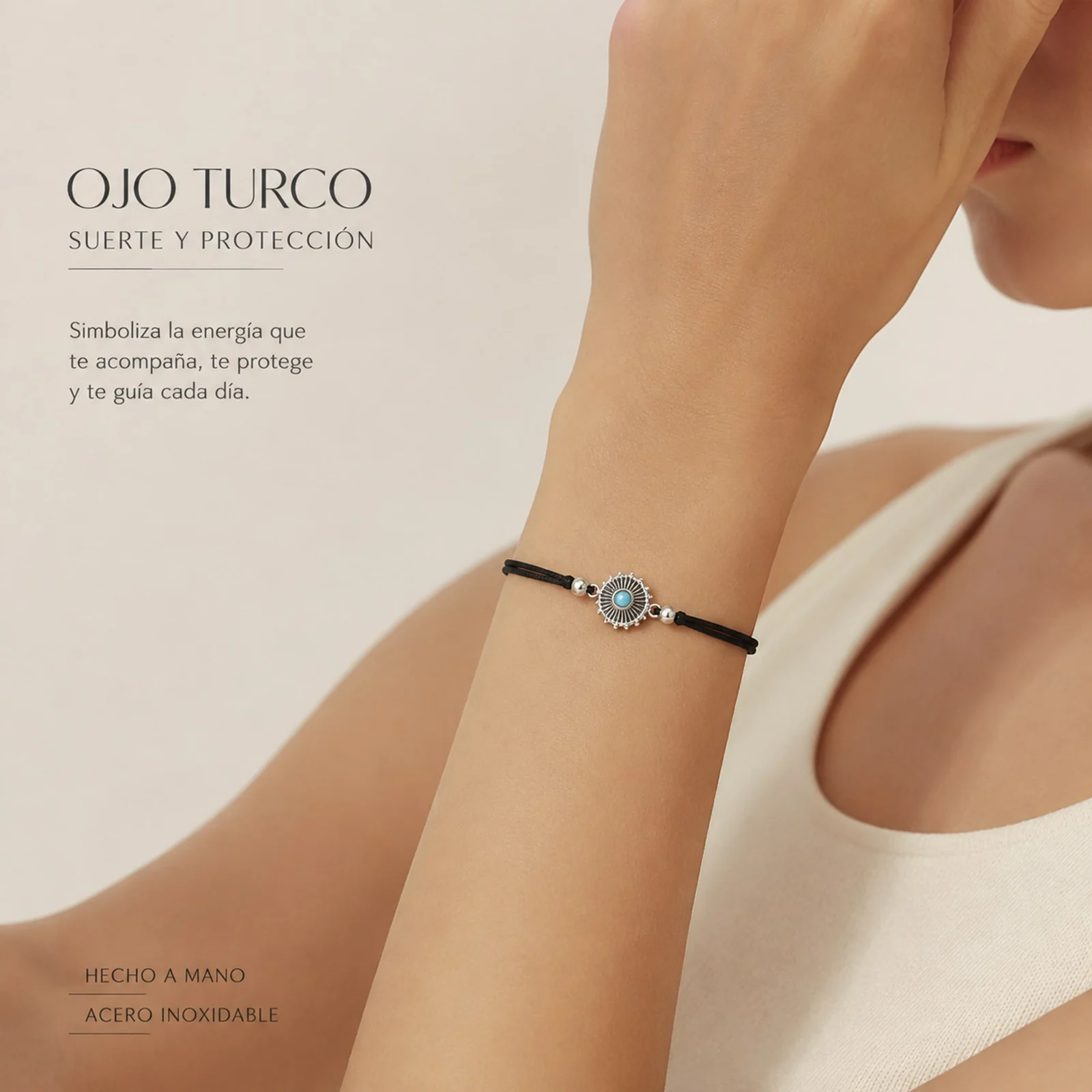 Pulsera Hilo encerado Negro CON OJO TURCO Plateado