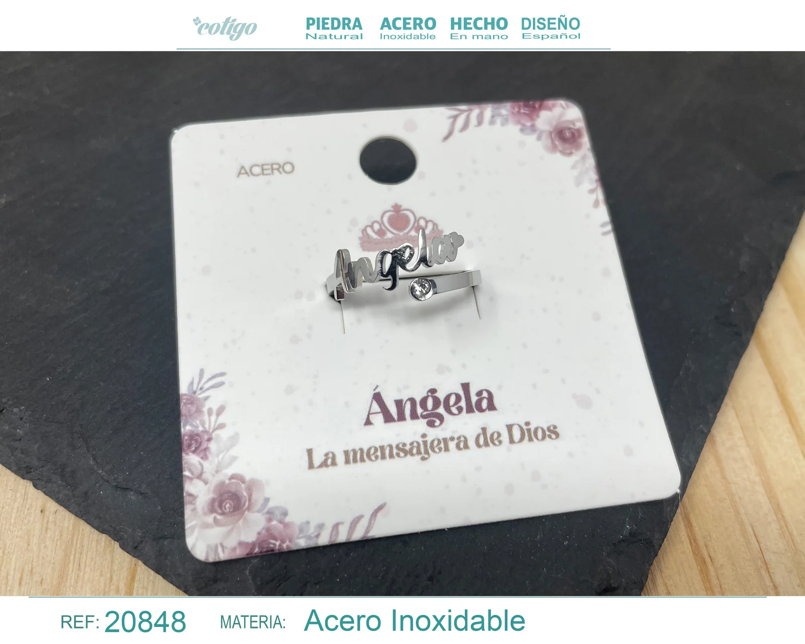 ANILLO NOMBRE ANGELA ACERO COLOR PLATEADO