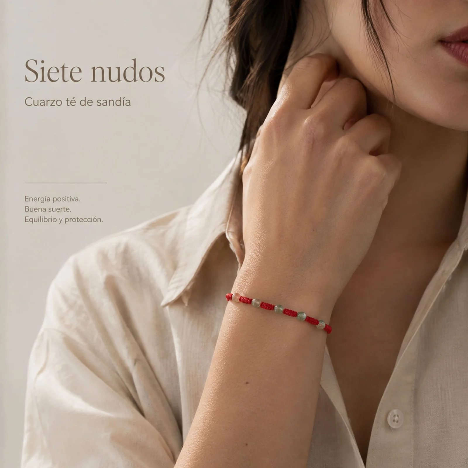 PULSERA 7 NUDOS CON  CUARZO TÉ DE SANDÍA 4MM