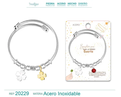 BRAZALETE CON TREBOL ACERO PARA DESEO: SUERTE