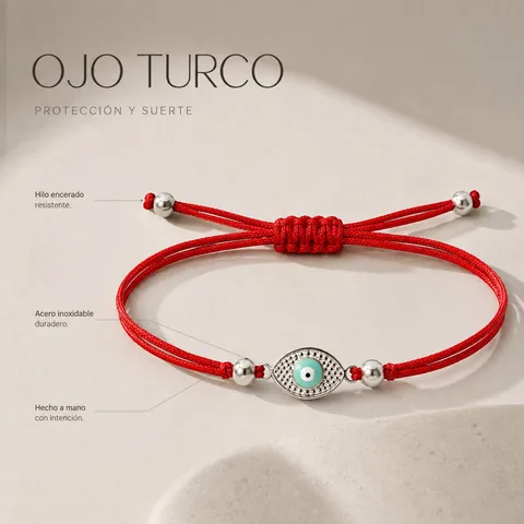 Pulsera Hilo encerado Rojo CON OJO TURCO Plateado
