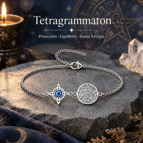 PULSERA TETRAGRÁMATON CON NUDO DE BRUJA Y OJO DE TURCO ACERO INOXIDABLE COLOR PLATEADO