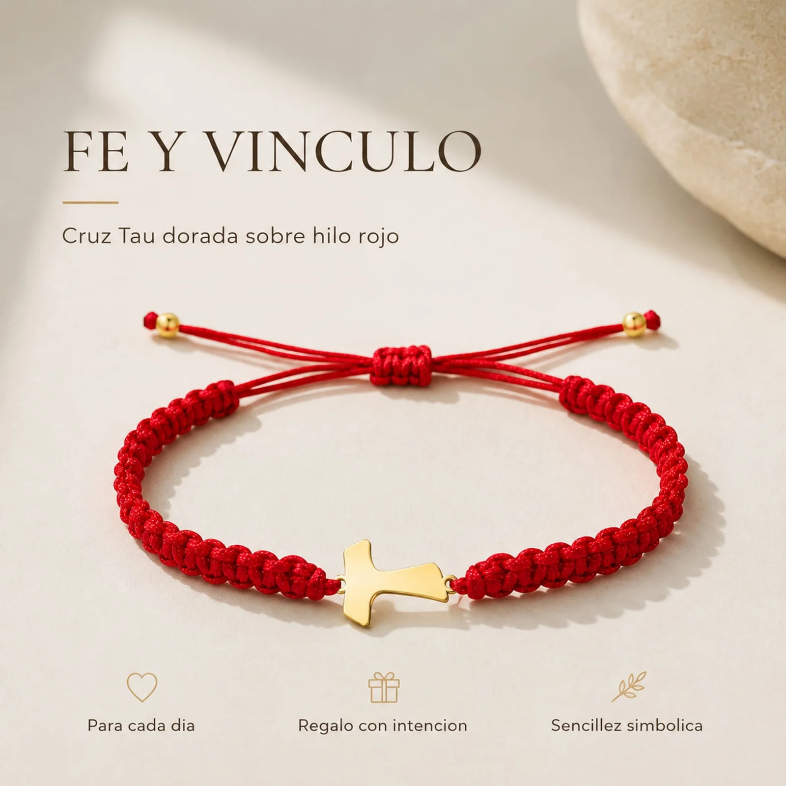 PULSERA HILO DESTINO  CON CRUZ TAU ACERO DORADO