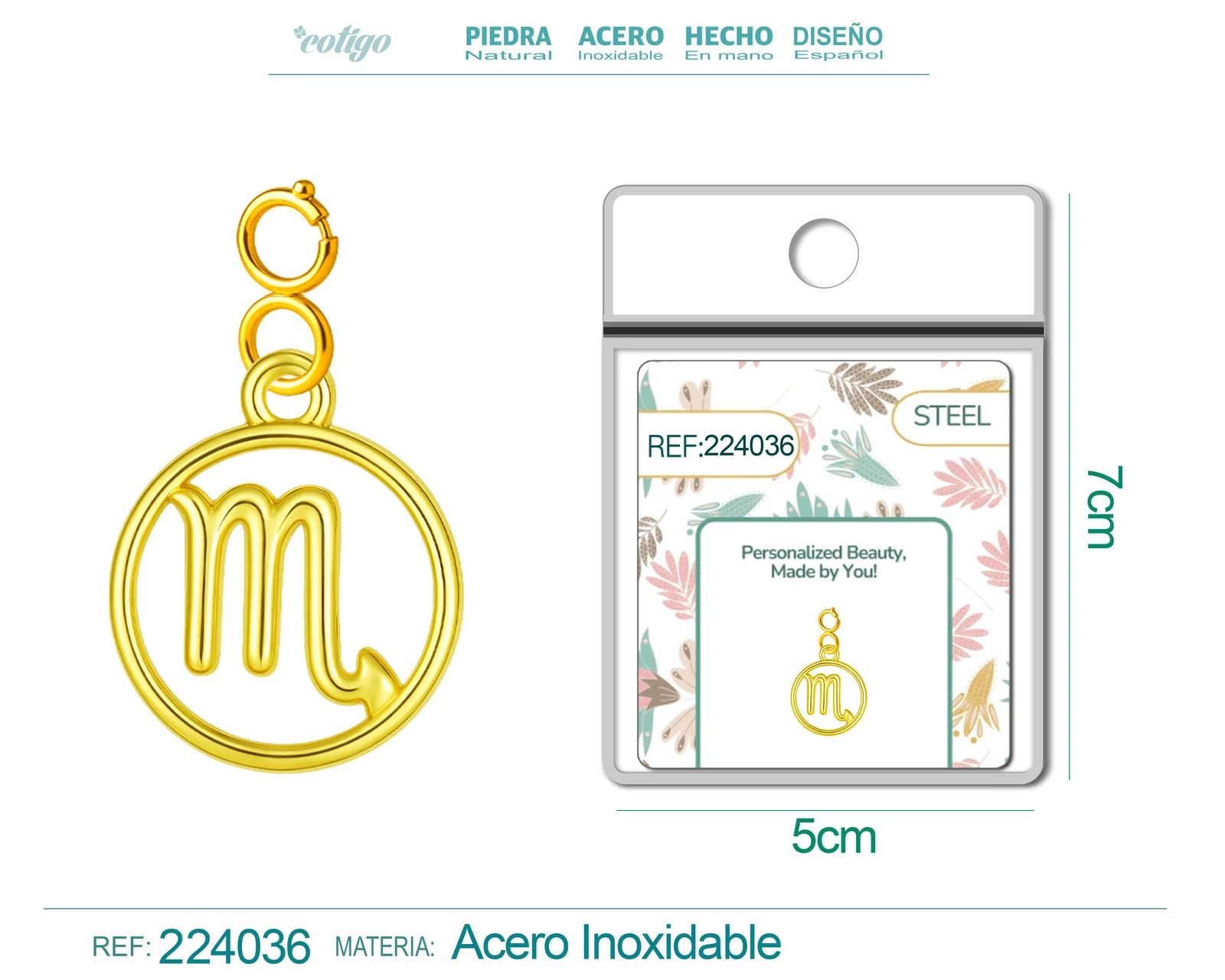 CHARM DE ZODÍACO ESCORPIÃO ACERO COLOR DORADO-CON CIERRE