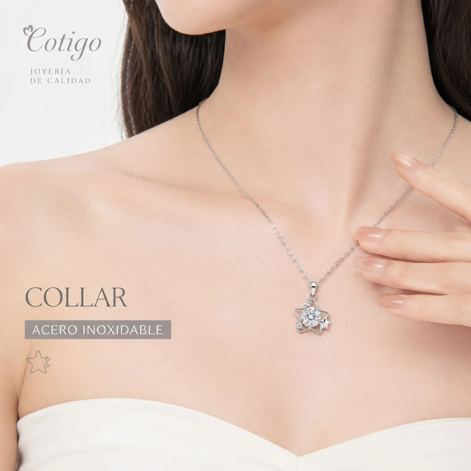 Colgangte Cobre con Circonita Colar Plateado y Cadena Acero