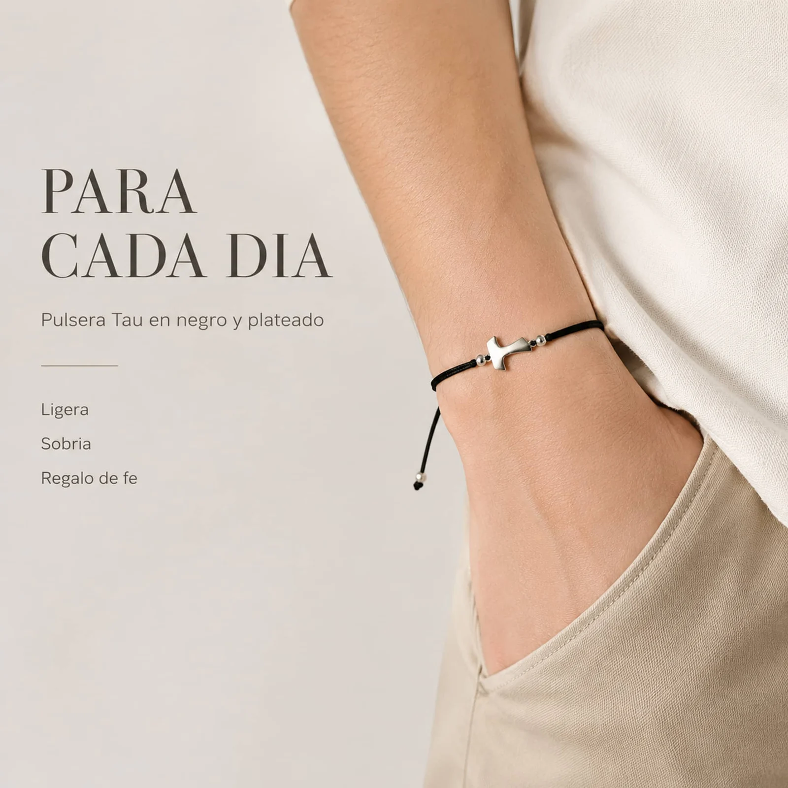 PULSERA CRUZ TAU PLATEADO DE HILO EN.NEGRO