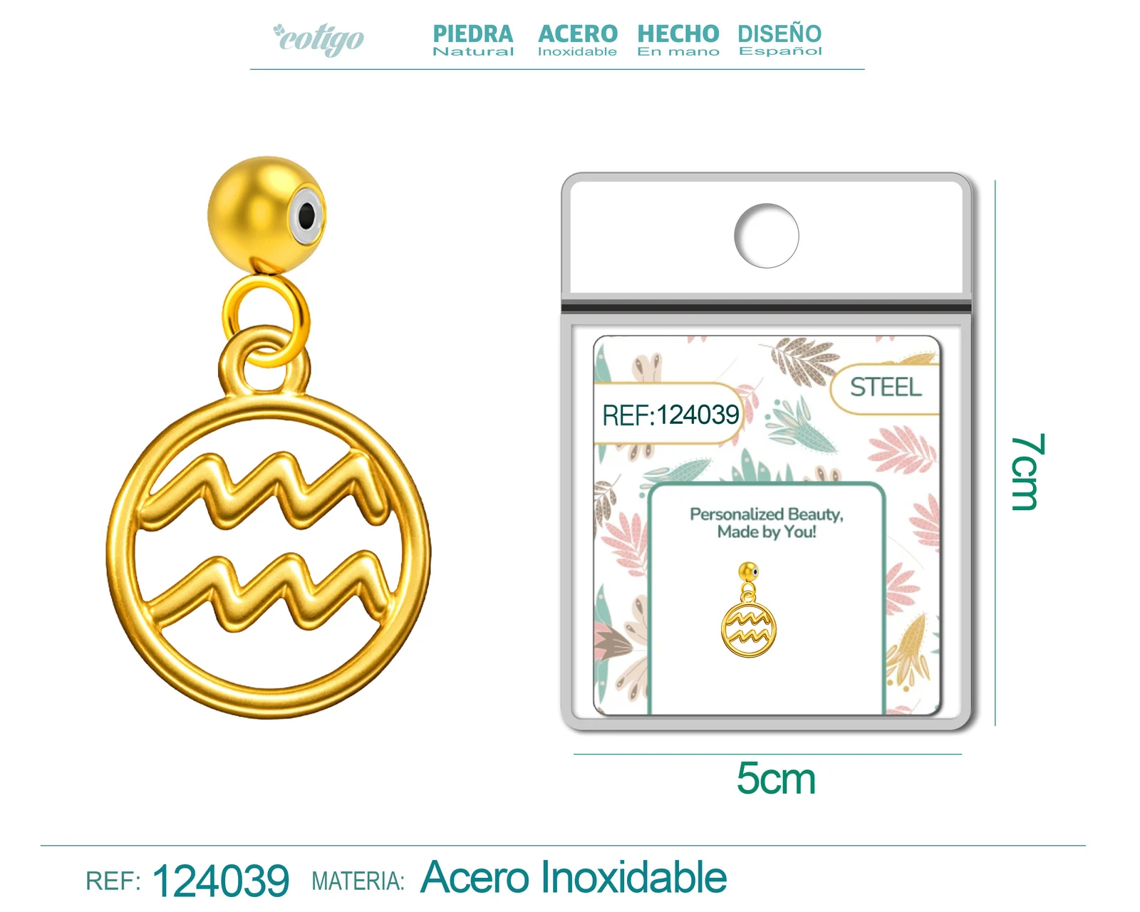 CHARM DE ZODÍACO AQUÁRIO ACERO COLOR DORADO-CON BOLA DE GOMA