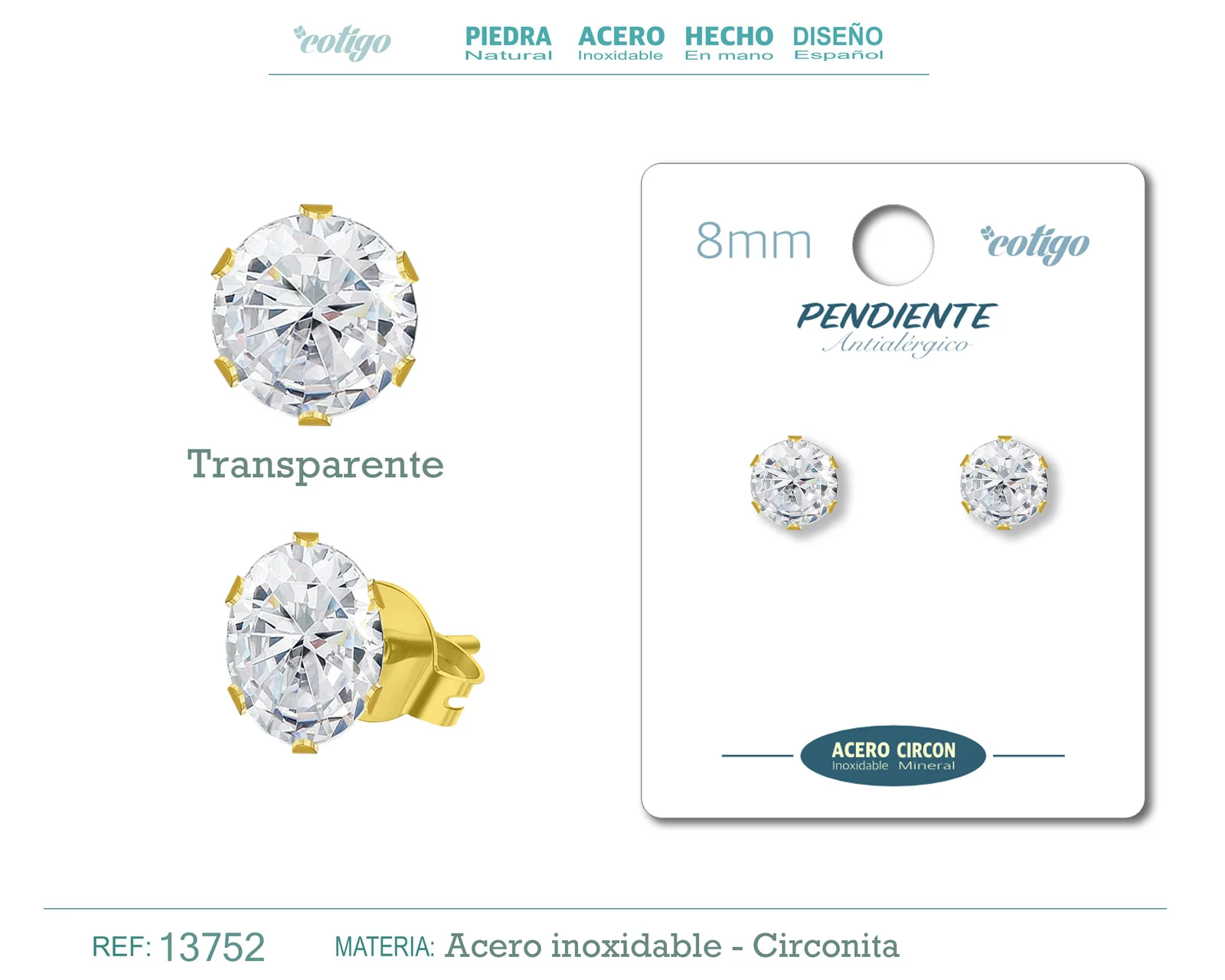 PENDIENTE CIRCONITA REDONDO-TRANSPARENTE-8MM-BASE ACERO DORADO