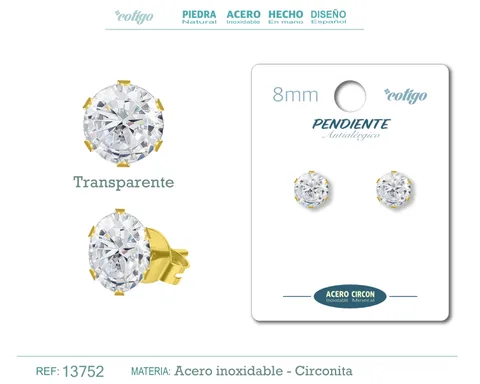PENDIENTE CIRCONITA REDONDO-TRANSPARENTE-8MM-BASE ACERO DORADO