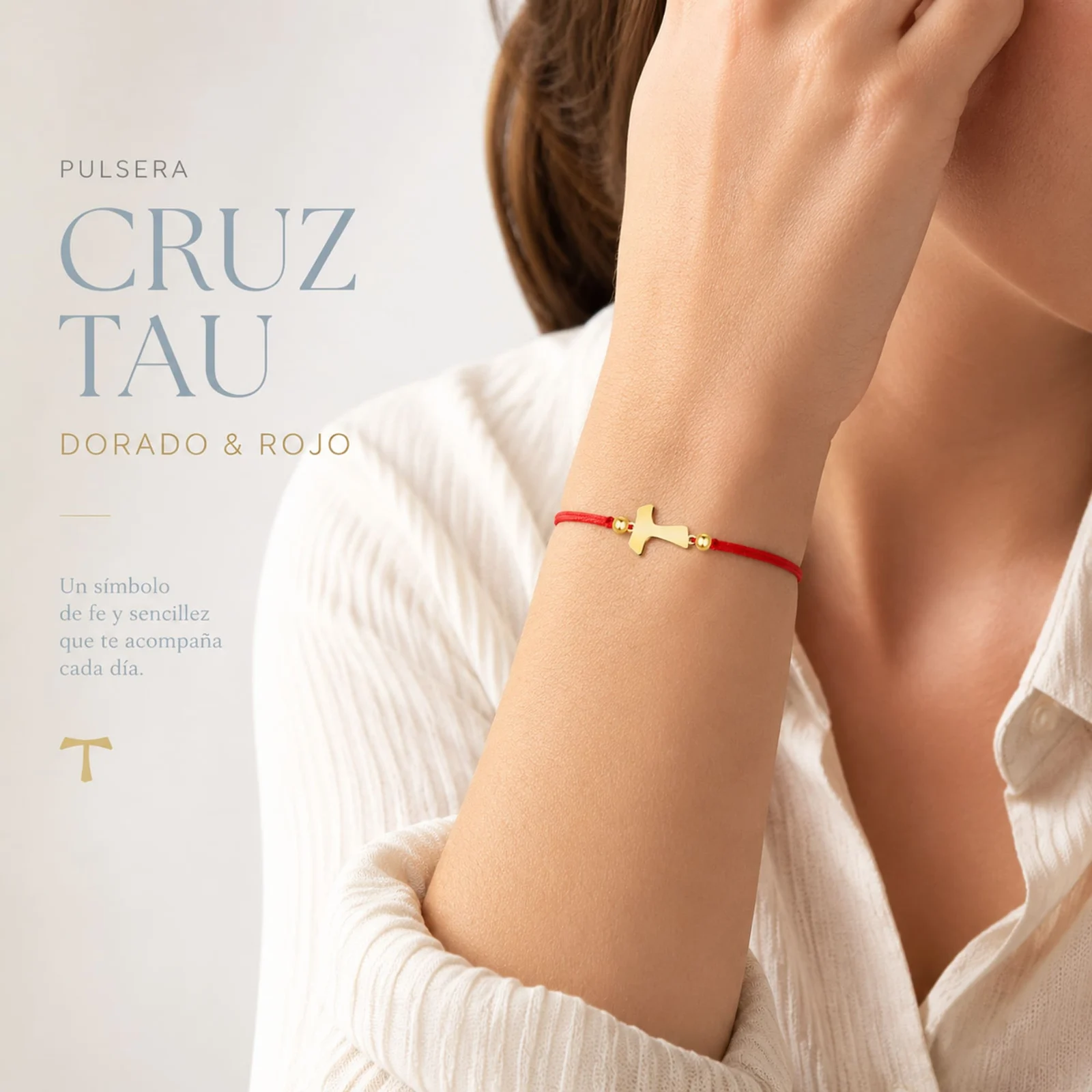PULSERA CRUZ TAU DORADO DE HILO EN.ROJO