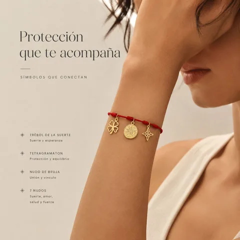 PULSERA 7 NUDOS CON TETRAGRÁMATON  NUDO DE BRUJA Y TRÉBOL DE LA SUERTE ACERO DORADO