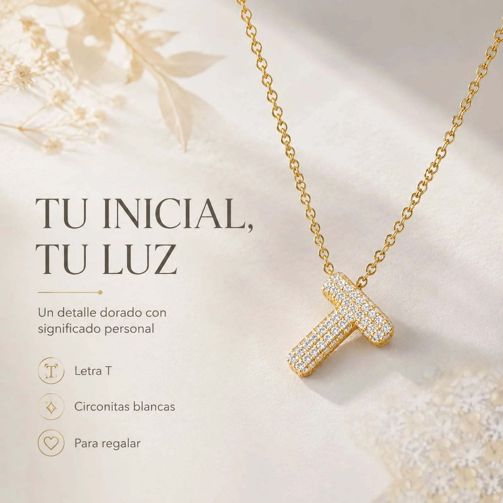COLLAR LETRA T CON CIRCONITA  ACERO COLOR DORADO