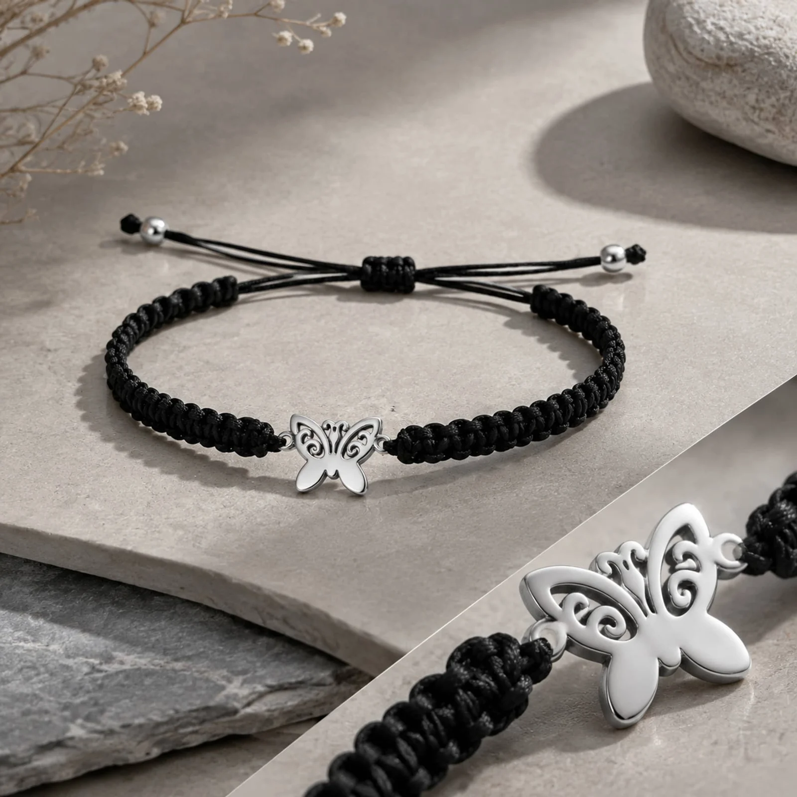 PULSERA HILO DESTINO  CON MARIPOSA ACERO PLATEADO