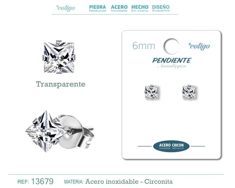 PENDIENTE CIRCONITA CUADRADO-TRANSPARENTE-6MM-BASE ACERO PLATEADO